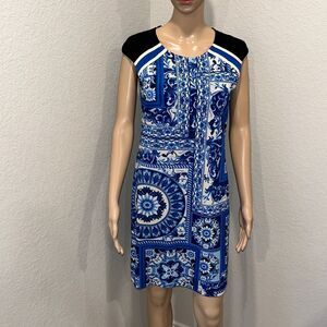 Vintage Muse blue floral geometric pattern dress, fully lined